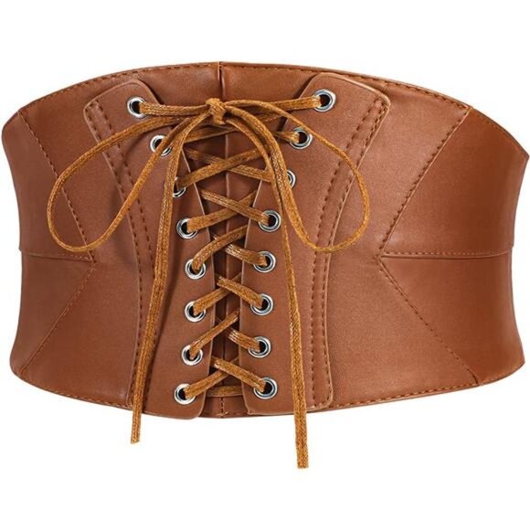 Tan Brown Faux Leather Corset Lace Up Elastic Waistband Cincher‎ Belt Girdle - Picture 2 of 4